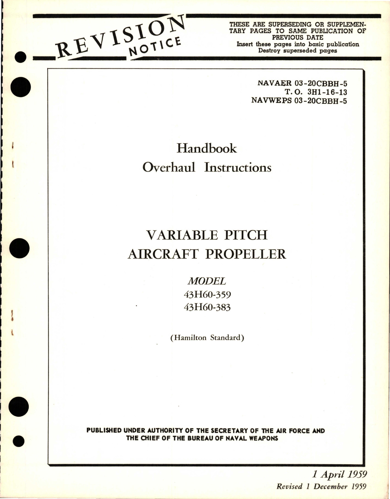 Sample page 1 from AirCorps Library document: Overhaul Instructions for Variable Pitch Aircraft Propeller - Models 43H60-359 and 43H60-383