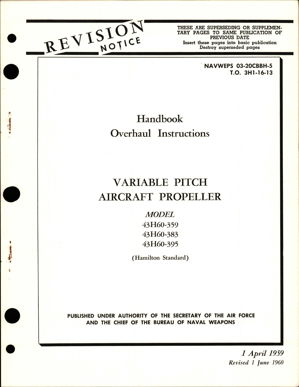 Sample page 1 from AirCorps Library document: Overhaul Instructions for Variable Pitch Propeller - Models 43H60-359, 43H60-383, and 43H60-395