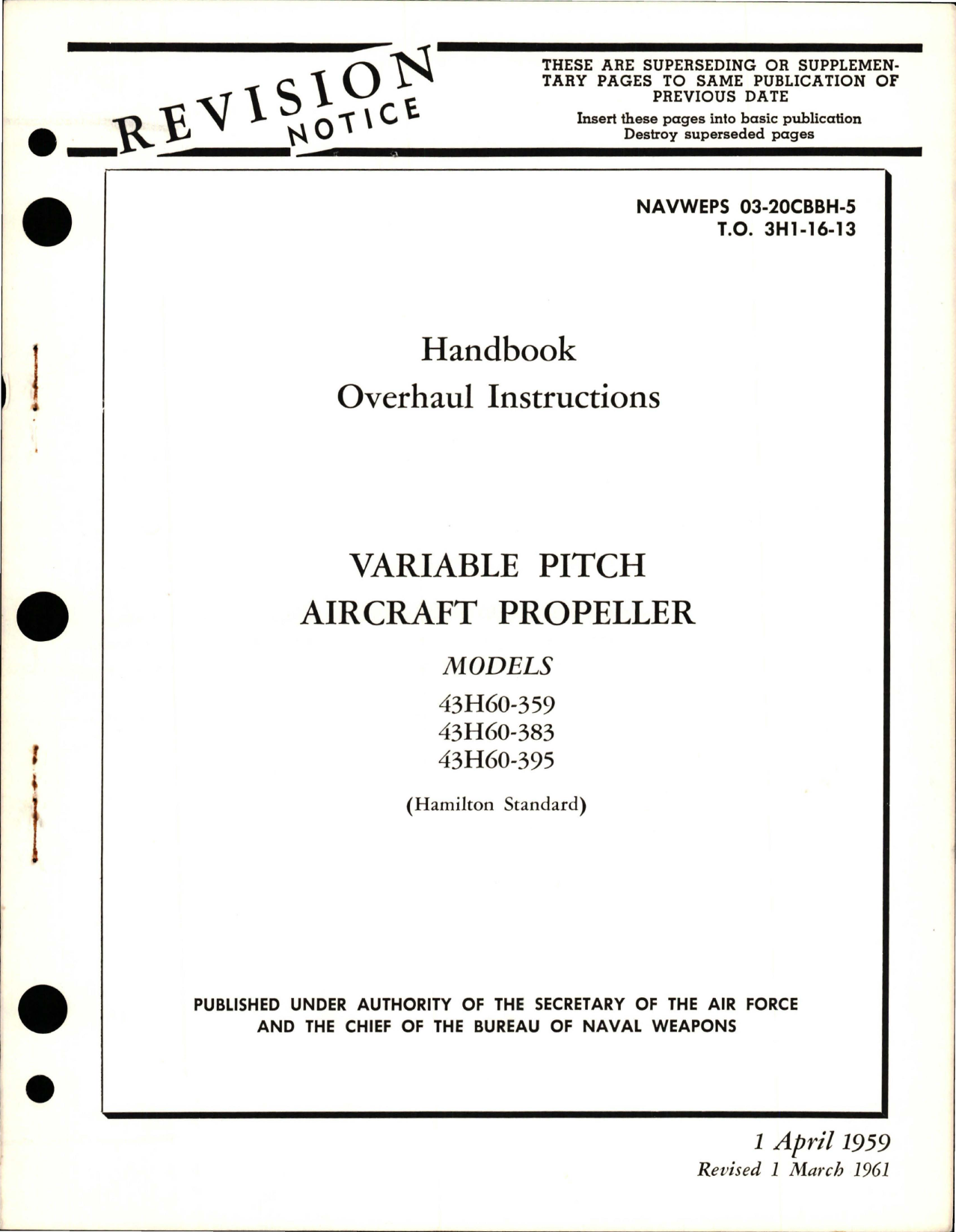 Sample page 1 from AirCorps Library document: Overhaul Instructions for Variable Pitch Propeller - Models 43H60-359, 43H60-383, and 43H60-395