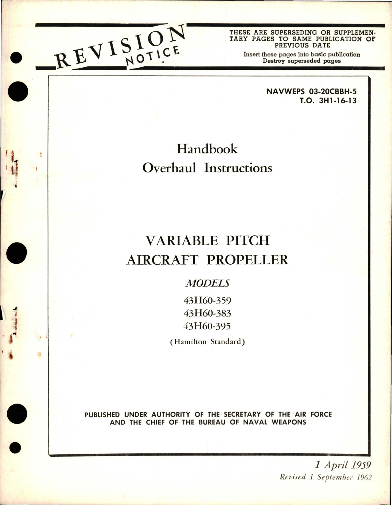 Sample page 1 from AirCorps Library document: Overhaul Instructions for Variable Pitch Propeller - Models 43H60-359, 43H60-383, and 43H60-395