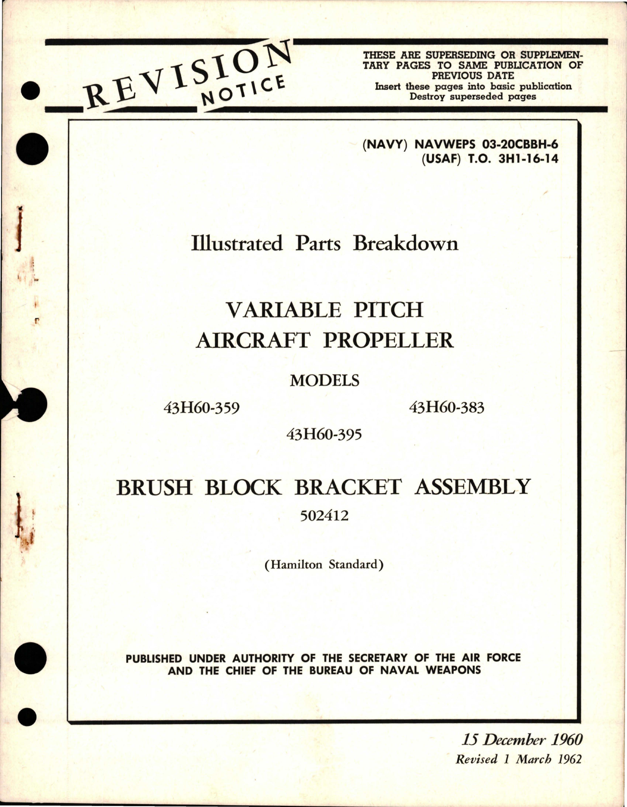 Sample page 1 from AirCorps Library document: Illustrated Parts Breakdown for Variable Pitch Propeller and Brush Block Bracket Assembly