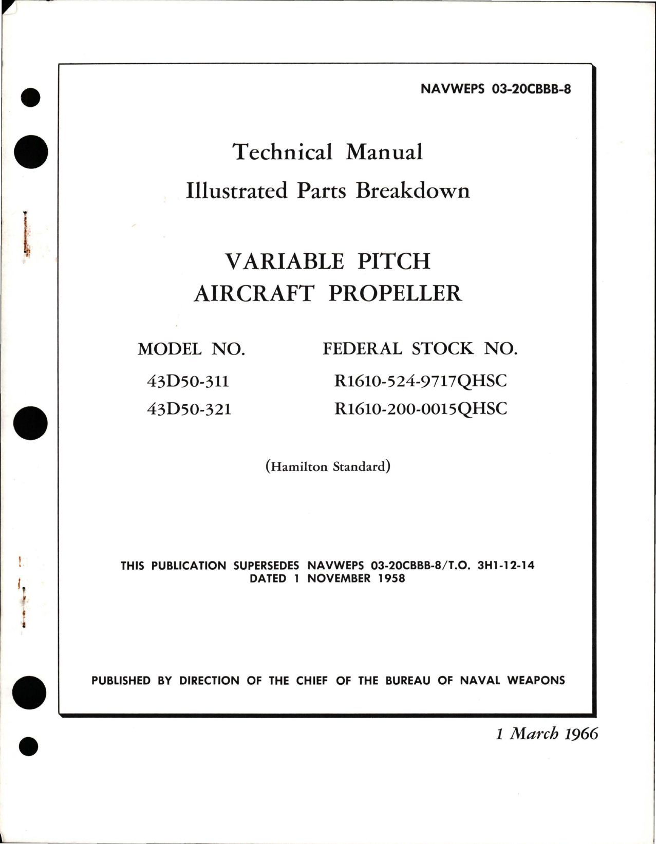 Sample page 1 from AirCorps Library document: Illustrated Parts Breakdown for Variable Pitch Aircraft Propeller - Models 43D50-311 and 43D50-321