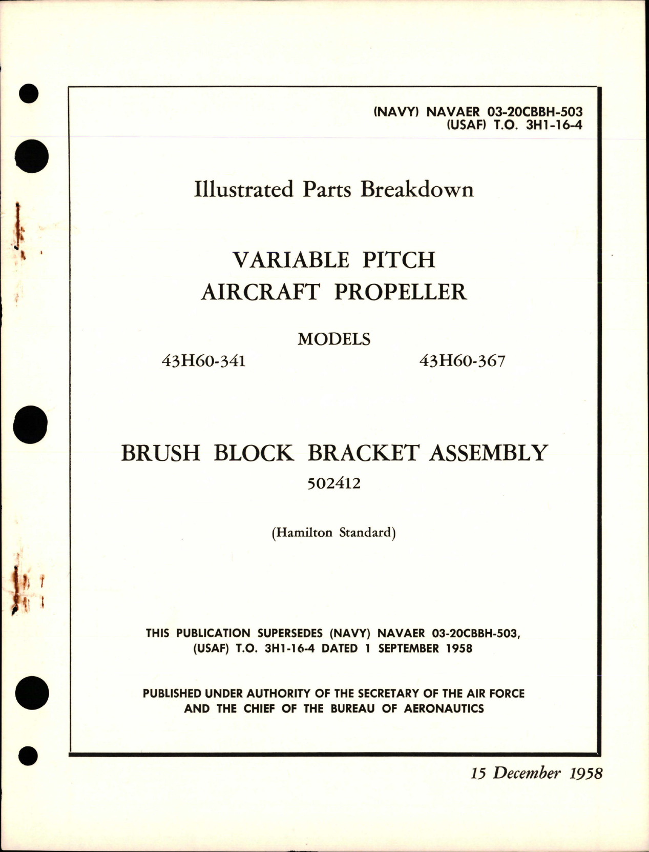 Sample page 1 from AirCorps Library document: Illustrated Parts Breakdown for Variable Pitch Propeller and Brush Block Bracket Assembly 