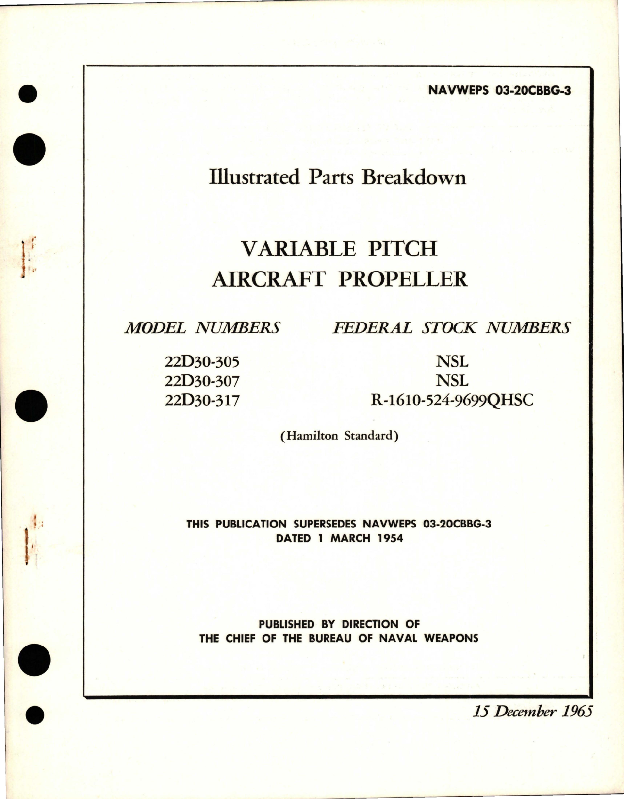 Sample page 1 from AirCorps Library document: Illustrated Parts Breakdown for Variable Pitch Propeller - Models 22D30-305, 22D30-307, and 22D30-317