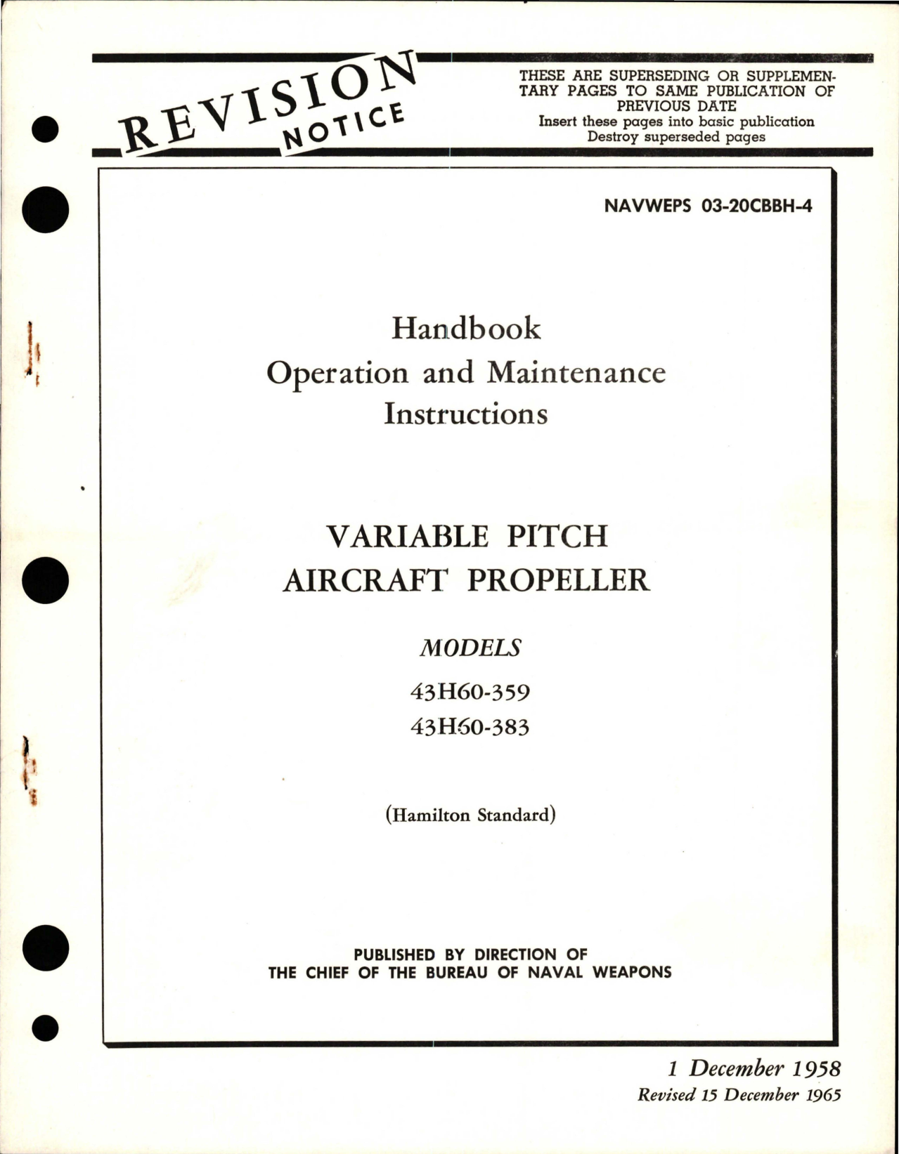 Sample page 1 from AirCorps Library document: Operation and Maintenance Instructions for Variable Pitch Propeller - Models 43H60-383 and 43H60-359
