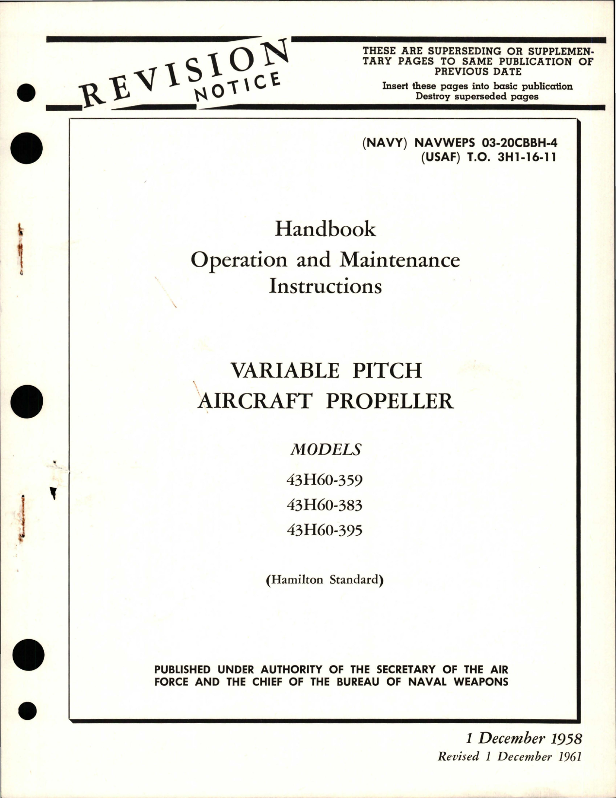 Sample page 1 from AirCorps Library document: Operation and Maintenance Instructions for Variable Pitch Propeller - Models 43H60-359, 43H60-383, and 43H60-395