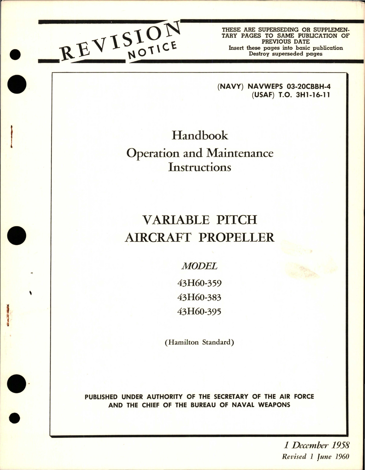 Sample page 1 from AirCorps Library document: Operation and Maintenance Instructions for Variable Pitch Propeller - Models 43H60-359, 43H60-383, and 43H60-395 