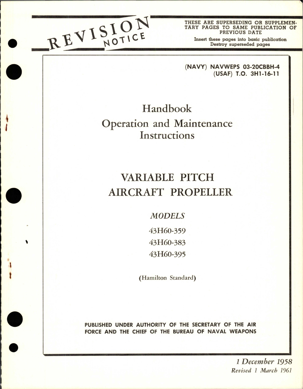 Sample page 1 from AirCorps Library document: Operation and Maintenance Instructions for Variable Pitch Propeller - Models 43H60-359, 43H60-383 and 43H60-395 