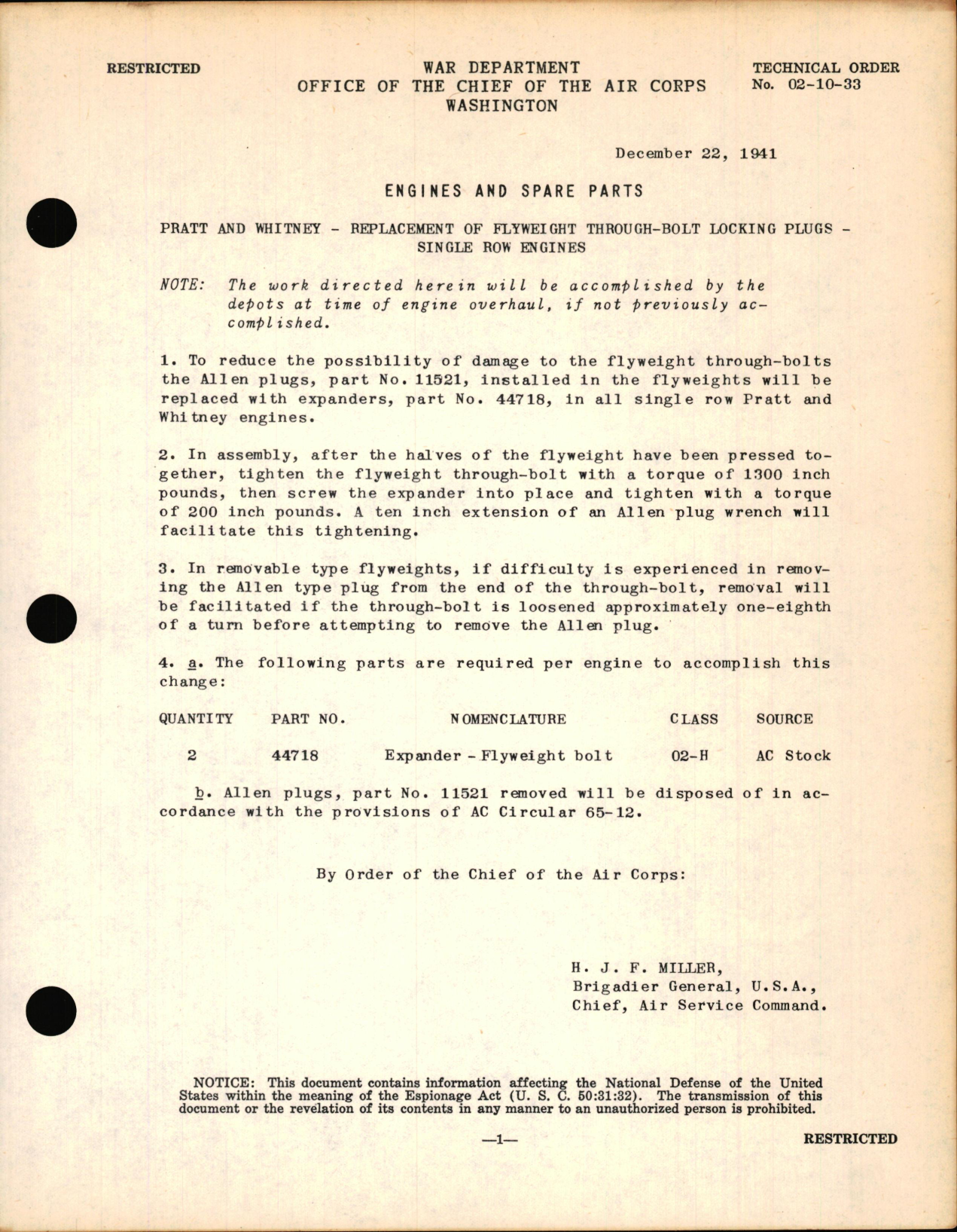 Sample page 1 from AirCorps Library document: Replacement of Flyweight Through-Bolt Locking Plugs on Pratt & Whitney Single Row Engines