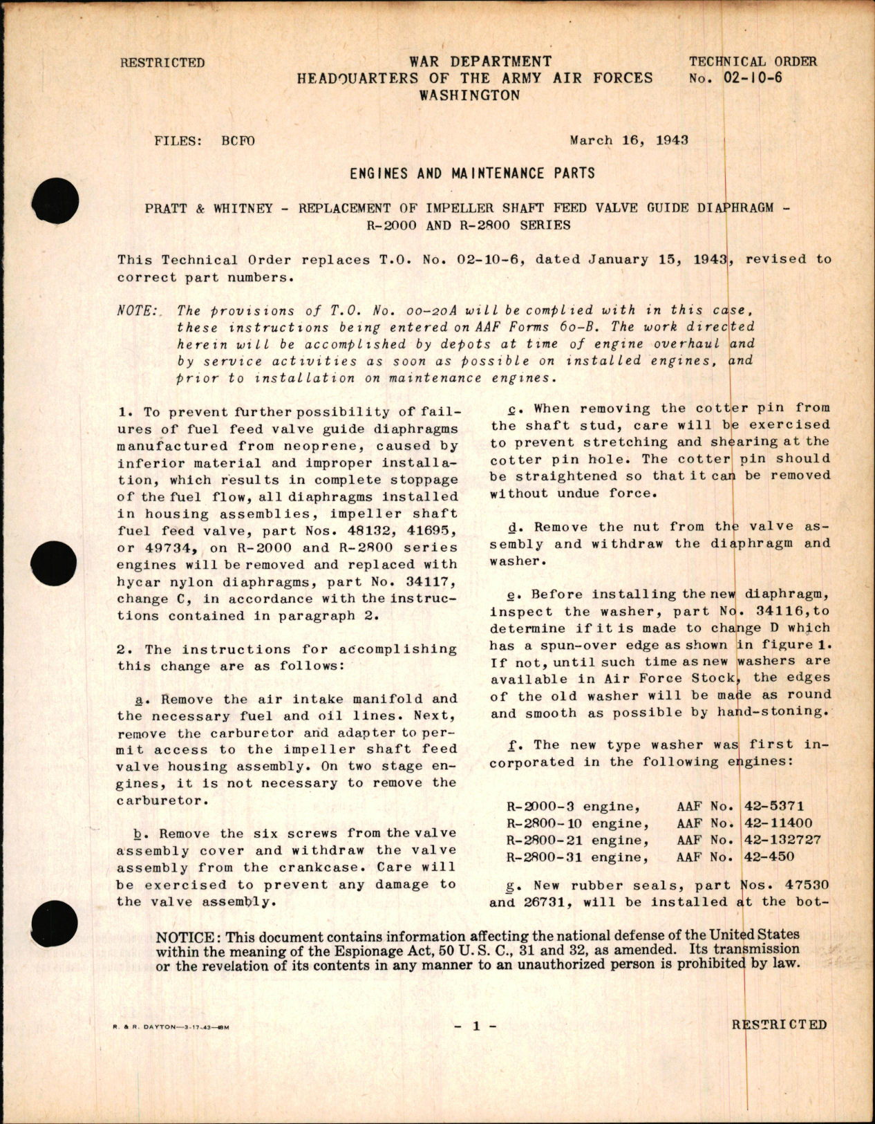 Sample page 1 from AirCorps Library document: Replacement of Impeller Shaft Feed Valve Guide Diaphragm on Pratt & Whitney R-2000 and R-2800 Series Engines