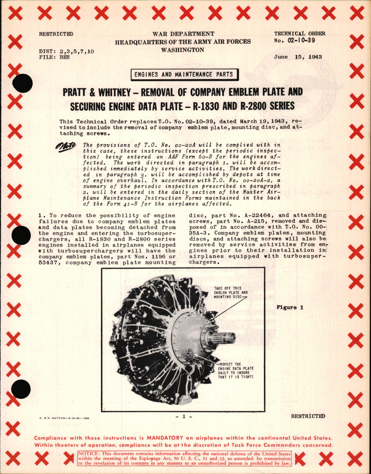 Sample page 1 from AirCorps Library document:  Removal of Company Emblem Plate and Securing Engine Data Place on Pratt & Whitney R-1830 & R-2800 Series