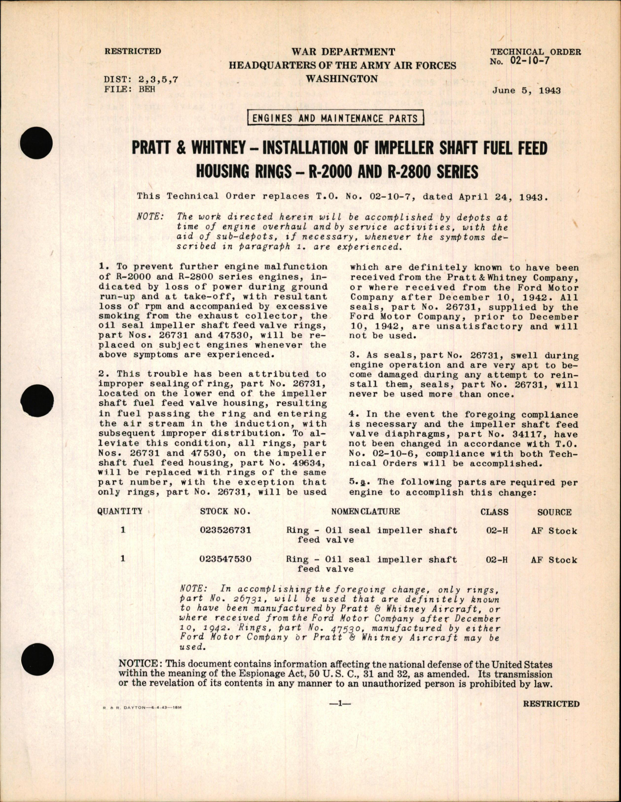 Sample page 1 from AirCorps Library document: Installation of Impeller Shaft Fuel Feed Housing Rings on Pratt & Whitney R-2000 and R-2800 Series