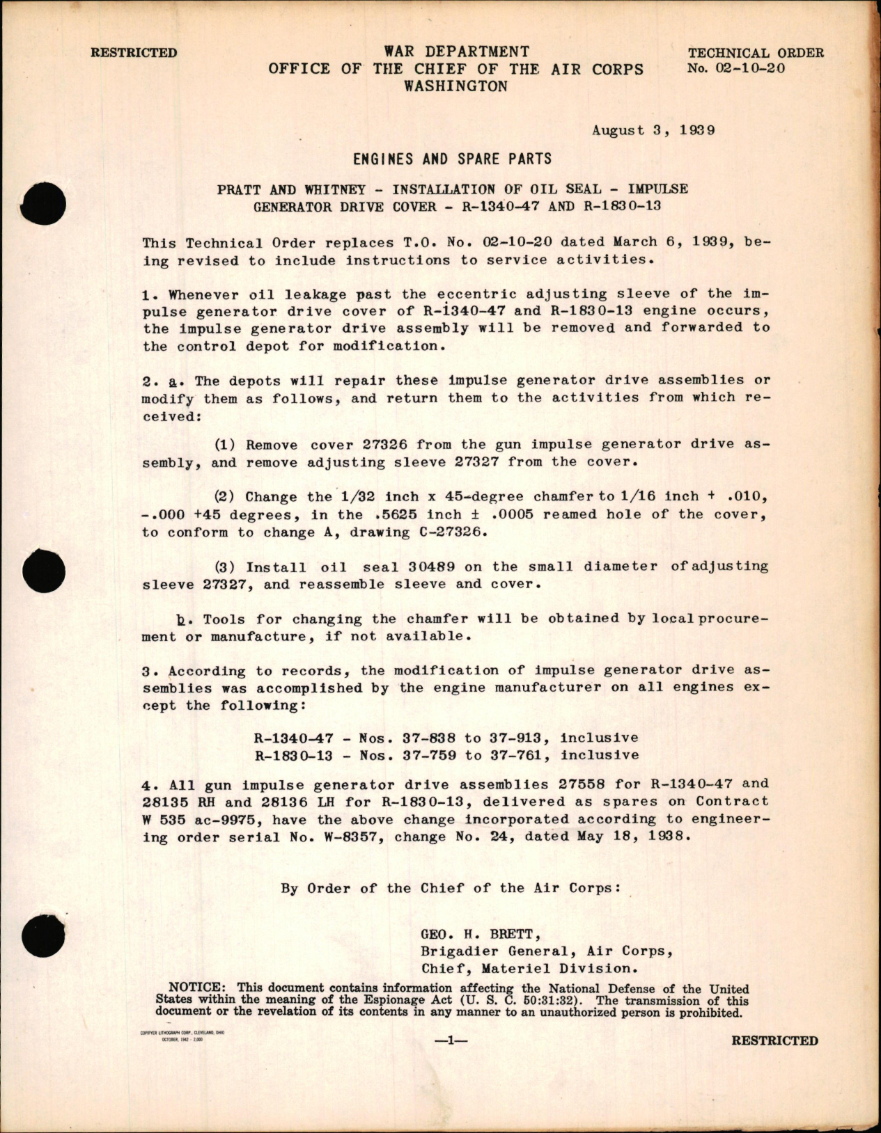 Sample page 1 from AirCorps Library document: Installation of Oil Seal - Impulse Generator Drive Cover on Pratt & Whitney R-1340-47 & R-1830-13