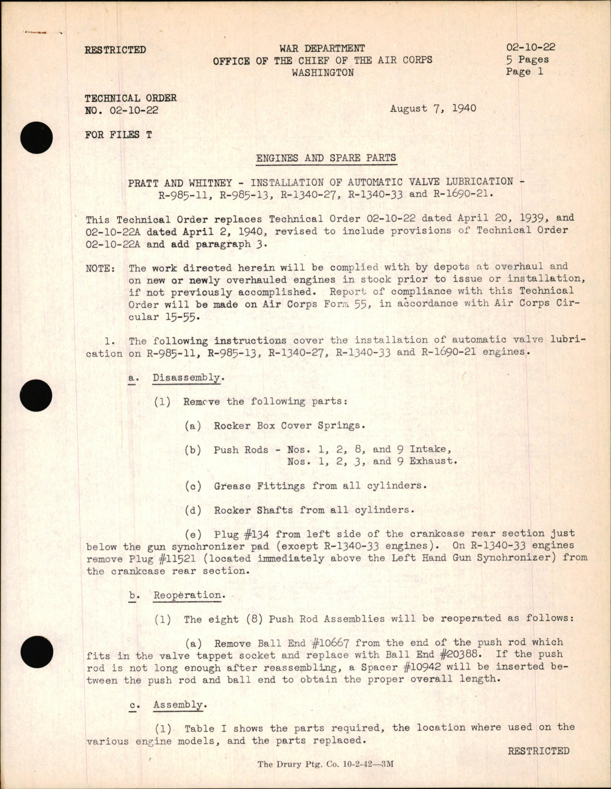 Sample page 1 from AirCorps Library document: Installation of Automatic Valve Lubrication on Pratt & Whitney R-985-11, -13, R-1340-27, -33, & R-1690-21 Engines