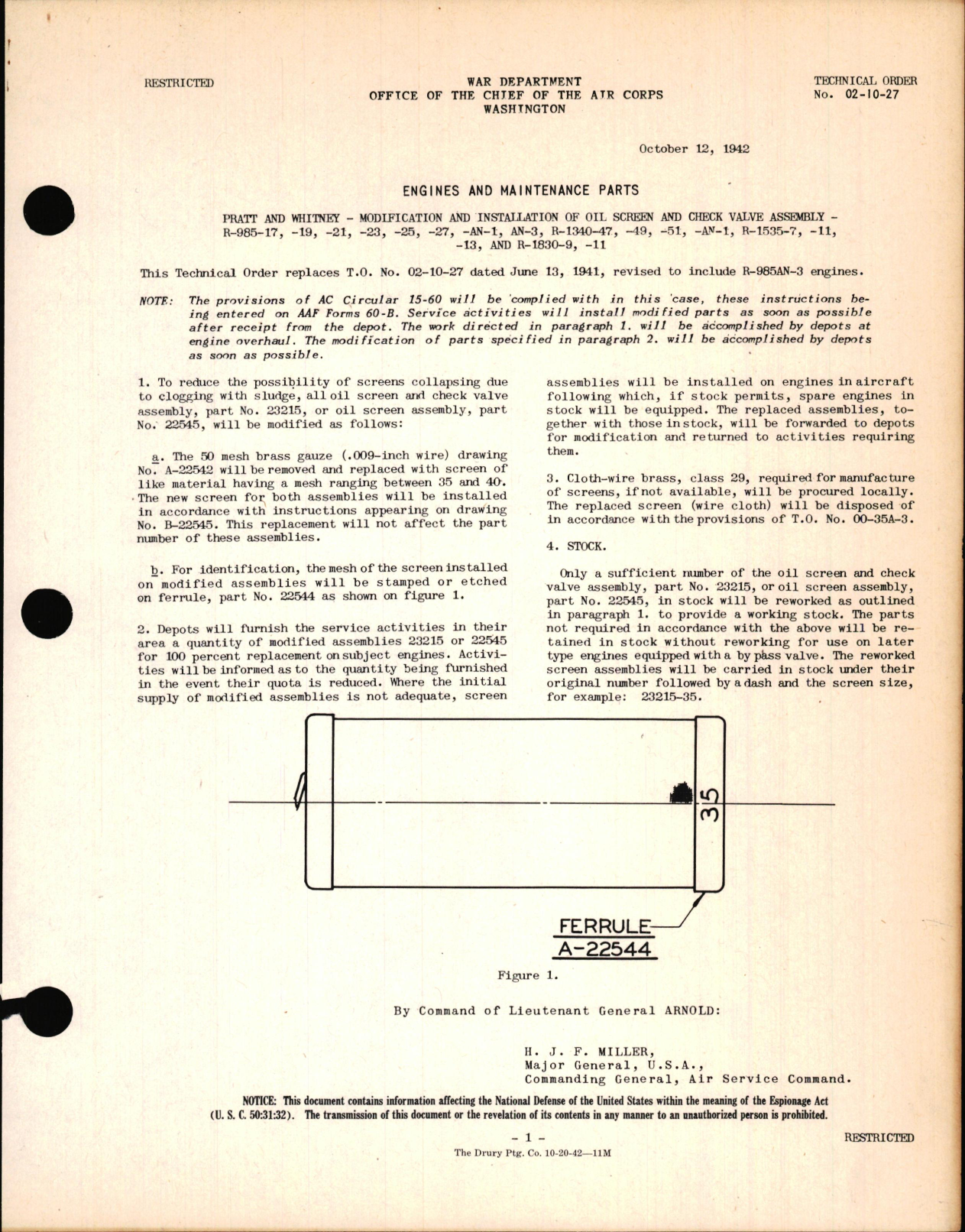 Sample page 1 from AirCorps Library document: Modification and Installation of Oil Screen and Check Valve Assembly on Pratt & Whitney R-985, R-1340, R-1535, R-1830, 