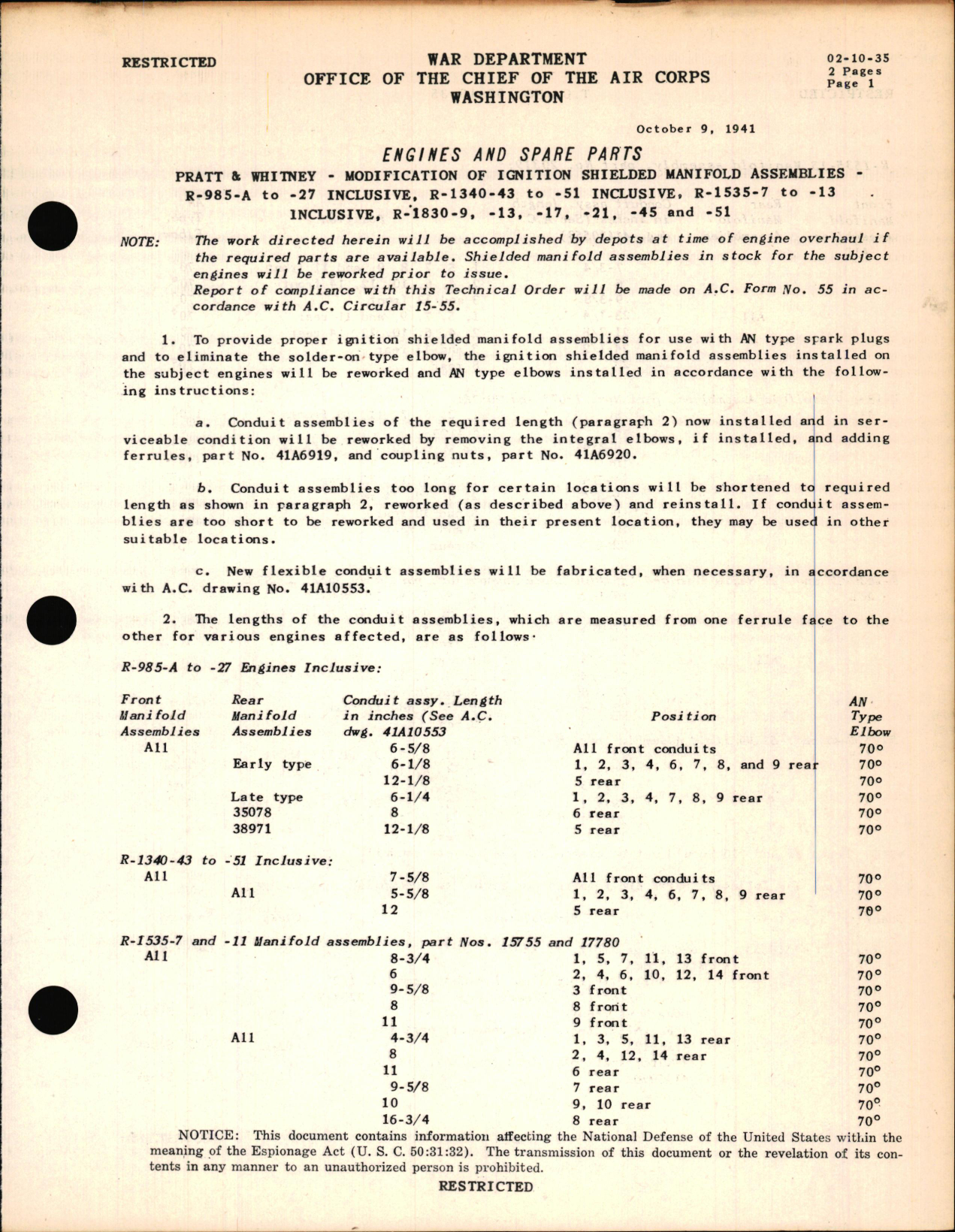 Sample page 1 from AirCorps Library document: Modification of Ignition Shielded Manifold Assemblies R-985, R-1340, R-1535, & R-1830