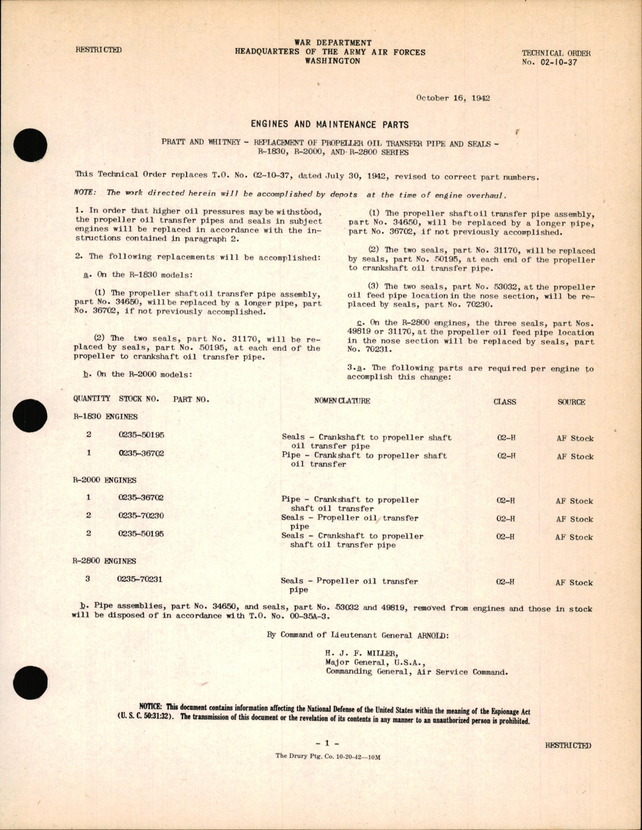 Sample page 1 from AirCorps Library document: Replacement of Propeller Oil Transfer Pipe & Seals on Pratt & Whitney R-1830, R-2000, & R-2800 Series