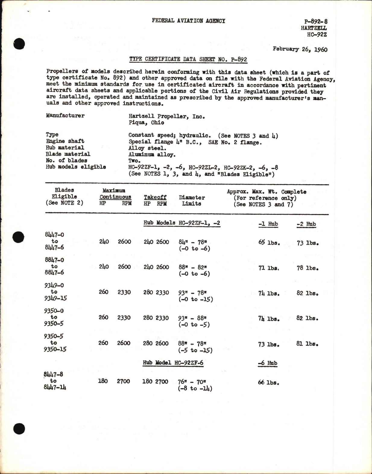 Sample page 1 from AirCorps Library document: HC-92Z - Type Certificate