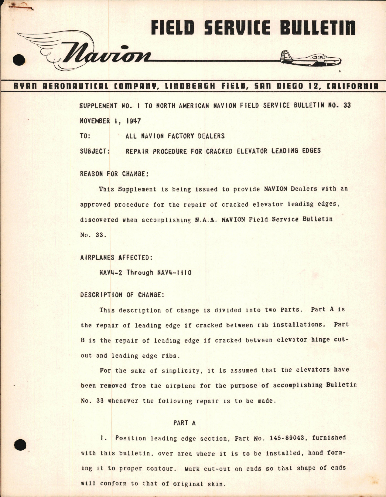 Sample page 1 from AirCorps Library document: Repair Procedure for Cracked Elevator Leading Edges