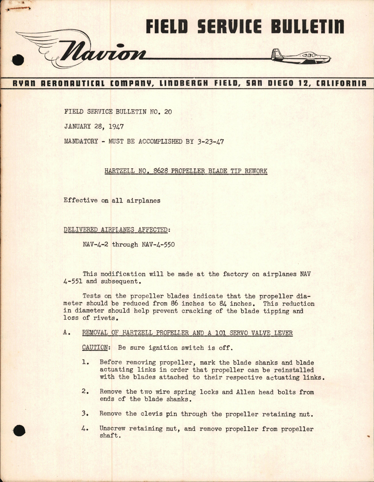 Sample page 1 from AirCorps Library document: Hartzell No. 8628 Propeller Blade Tip Rework