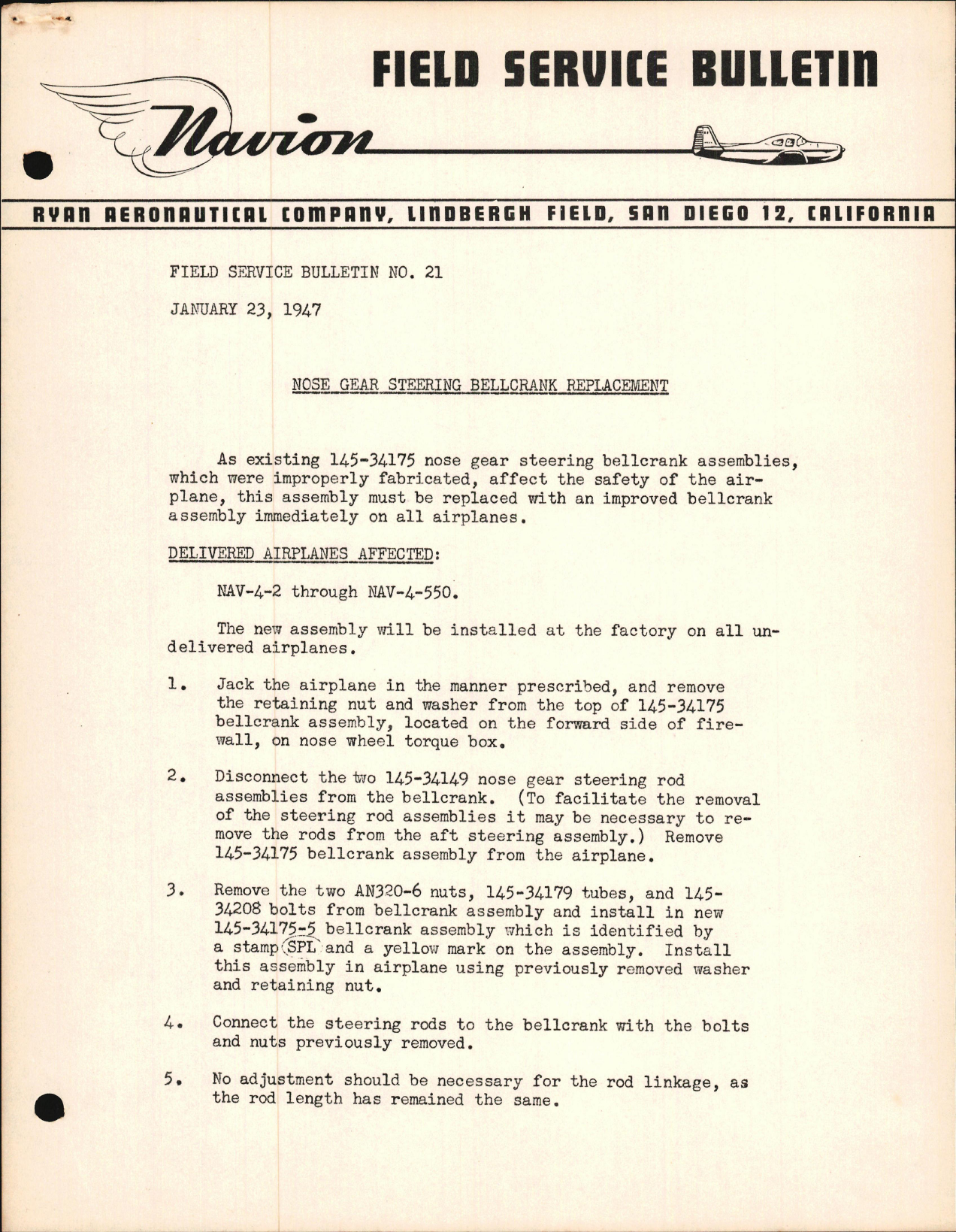 Sample page 1 from AirCorps Library document: Nose Gear Steering Bellcrank Replacement