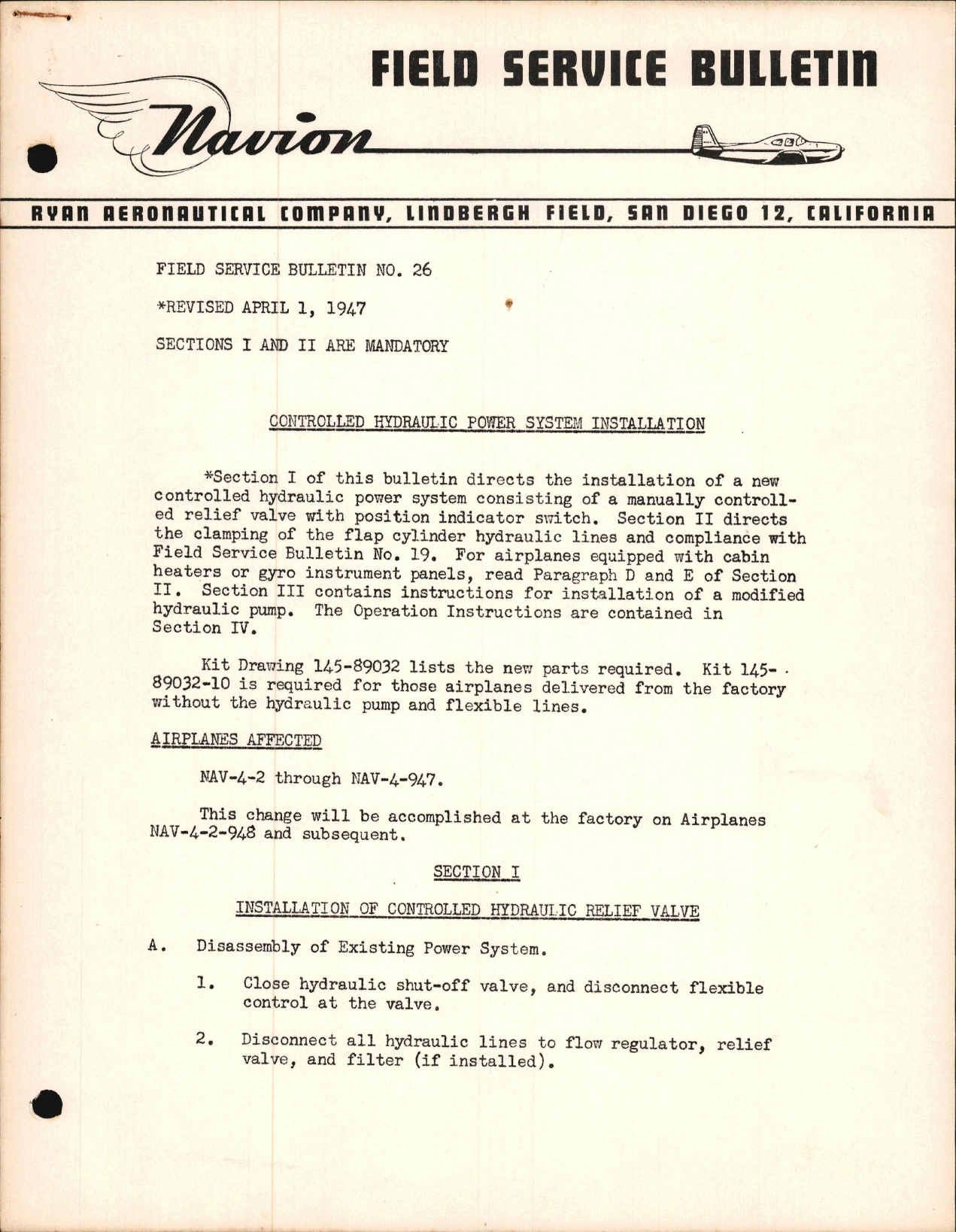 Sample page 1 from AirCorps Library document: Controlled Hydraulic Power System Installation