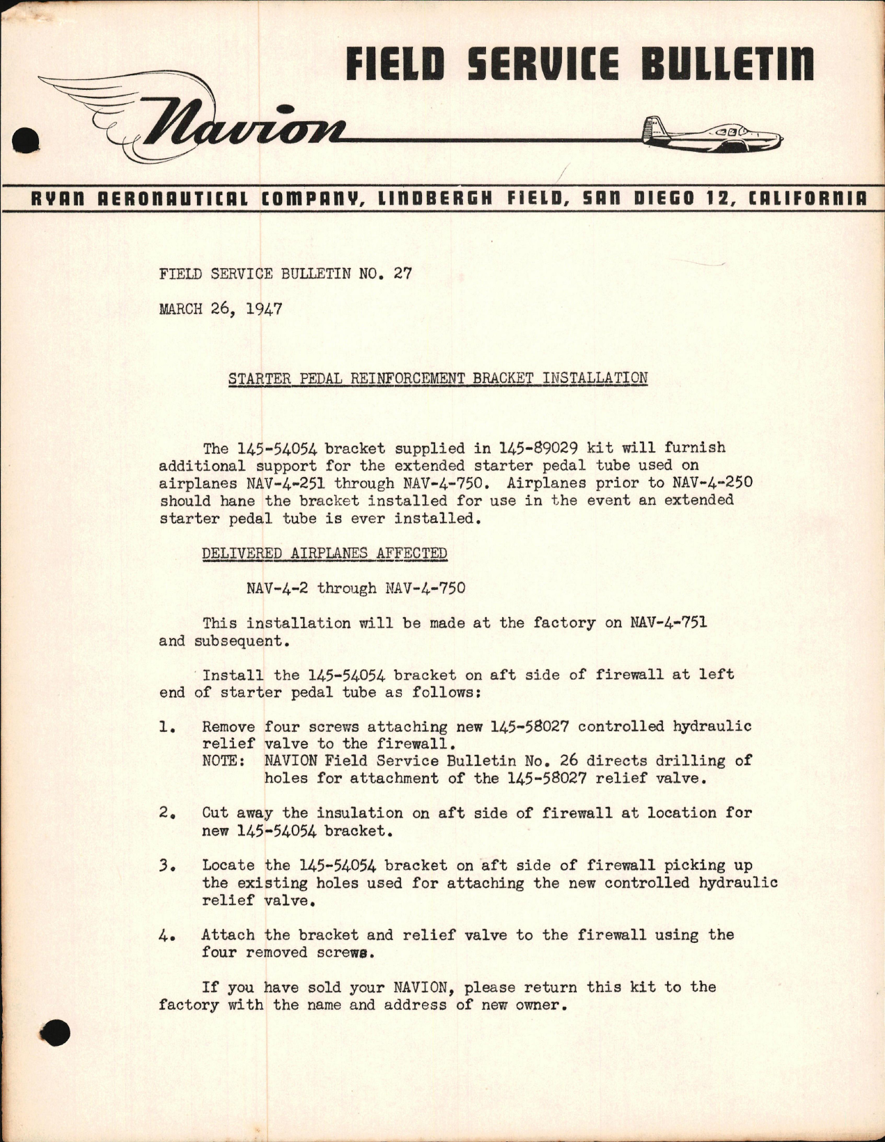 Sample page 1 from AirCorps Library document: Starter Pedal Reinforcement Bracket Installation