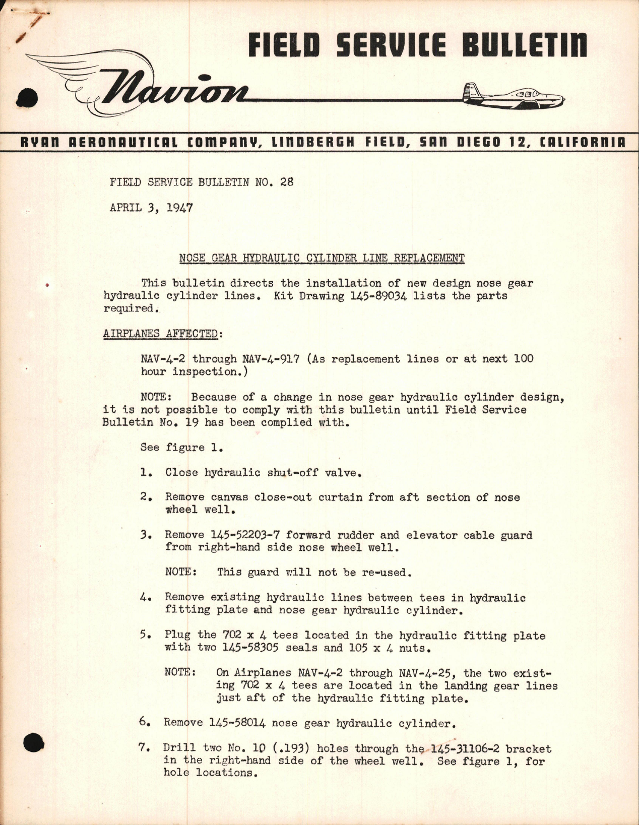 Sample page 1 from AirCorps Library document: Nose Gear Hydraulic Cylinder Line Replacement