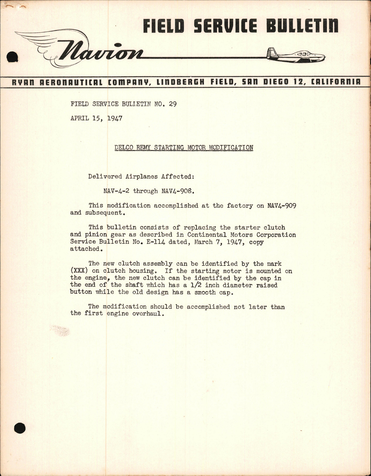 Sample page 1 from AirCorps Library document: Delco Remy Starting Motor Modification