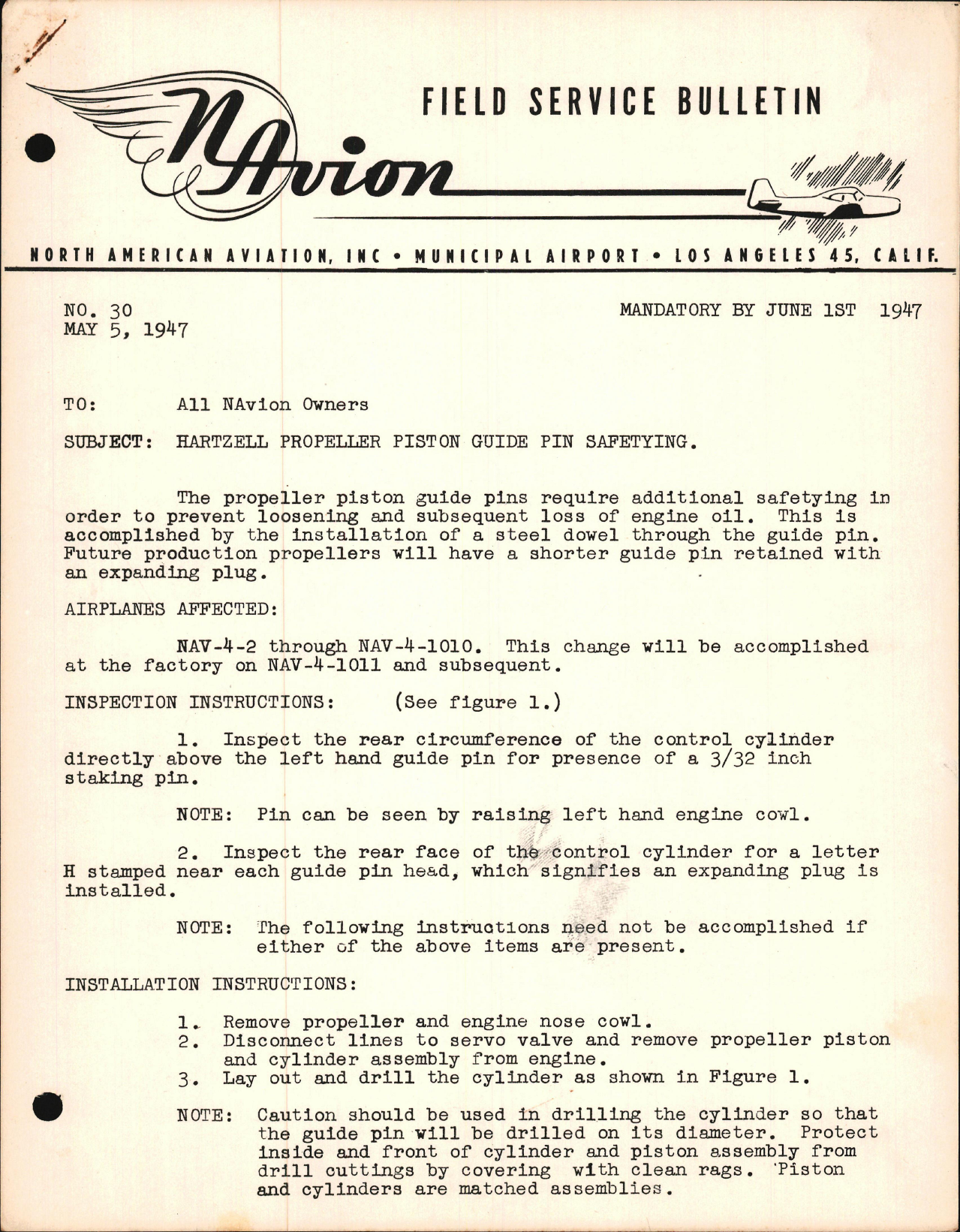 Sample page 1 from AirCorps Library document: Hartzell Propeller Piston Guide Pin Safetying