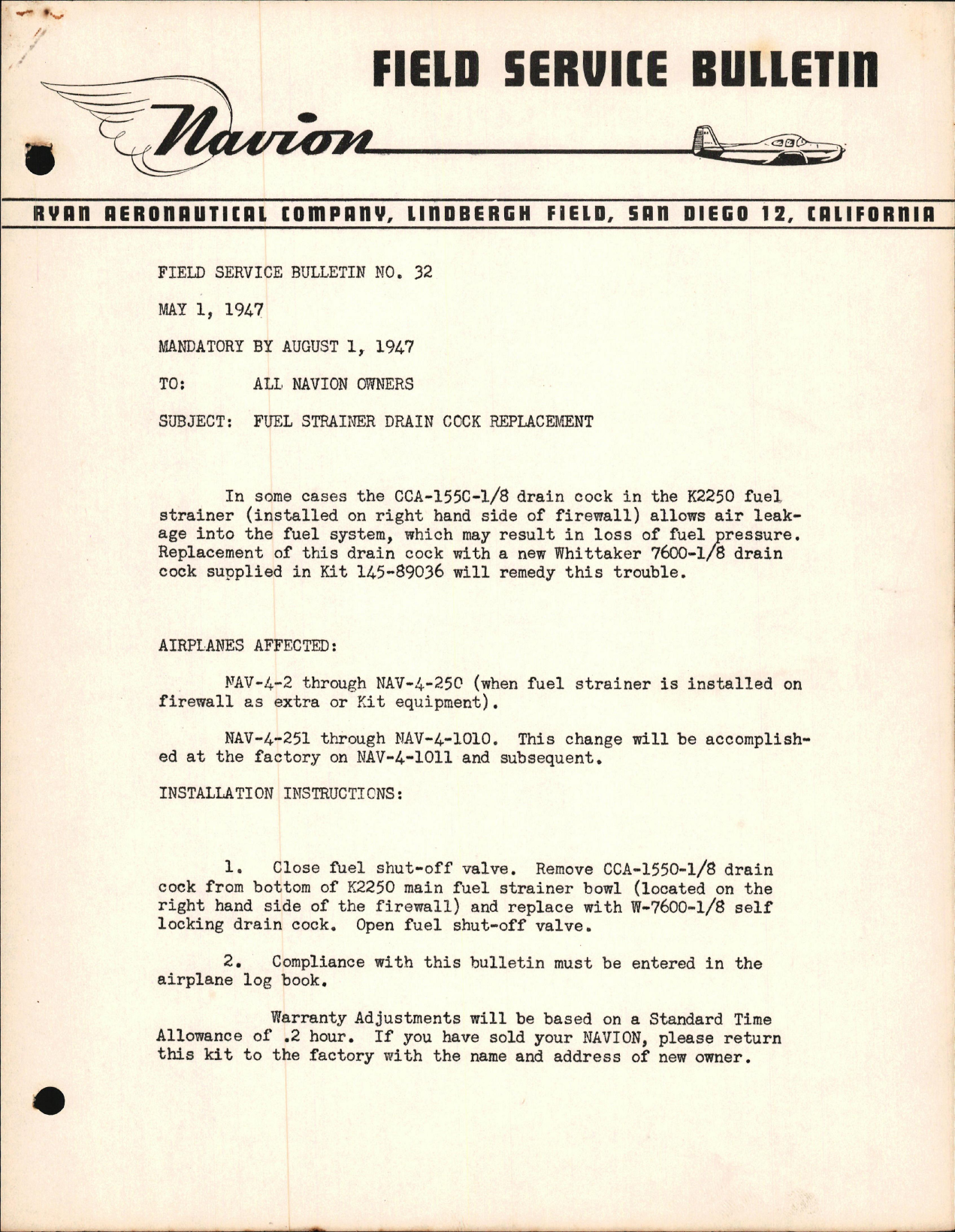 Sample page 1 from AirCorps Library document: Fuel Strainer Drain Cock Replacement