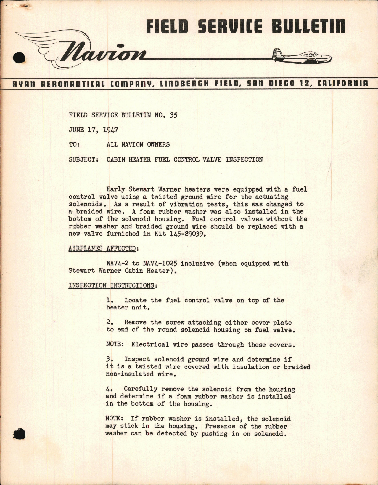 Sample page 1 from AirCorps Library document: Cabin Heater Fuel Control Valve Inspection