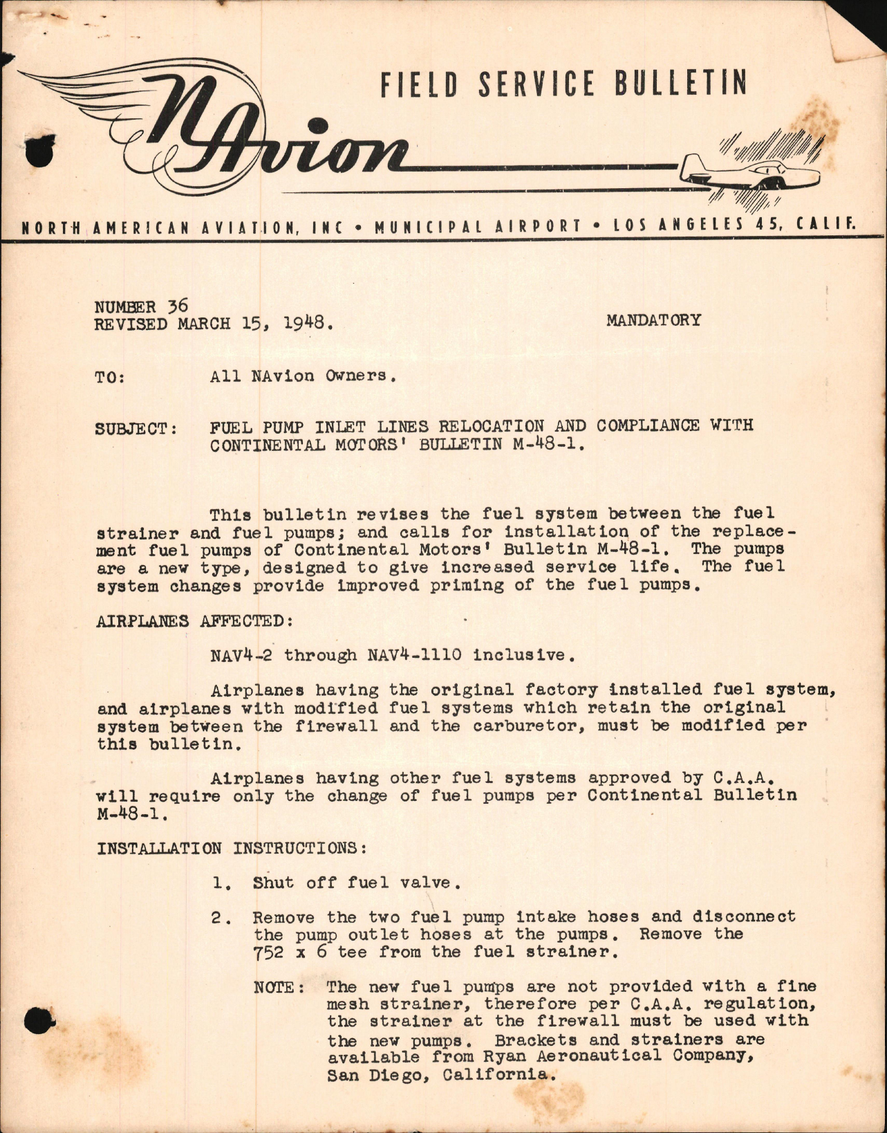 Sample page 1 from AirCorps Library document: Fuel Pump Inlet Lines Relocation and Compliance with Continental Motors Bulletin M48-1