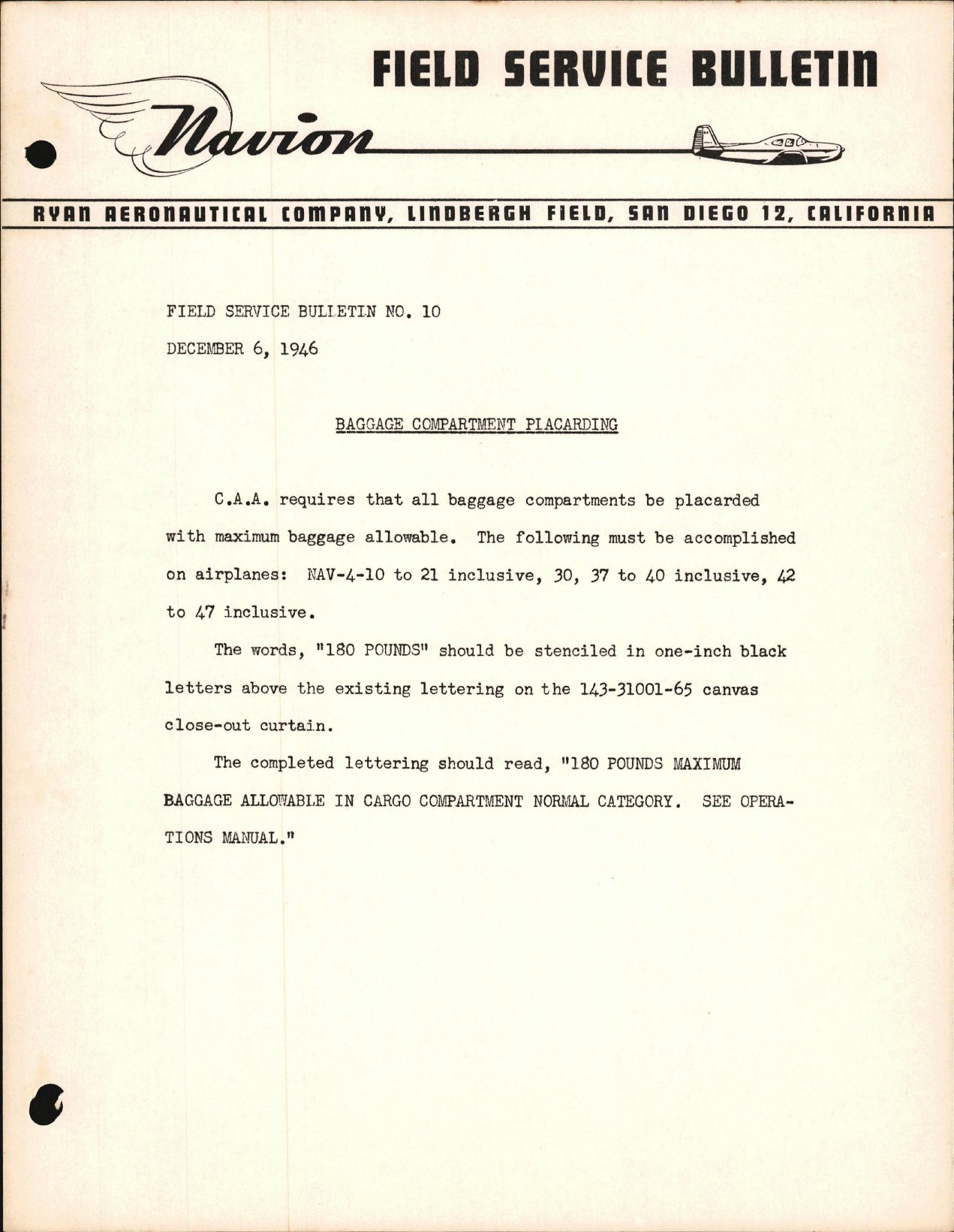 Sample page 1 from AirCorps Library document: Baggage Compartment Placarding