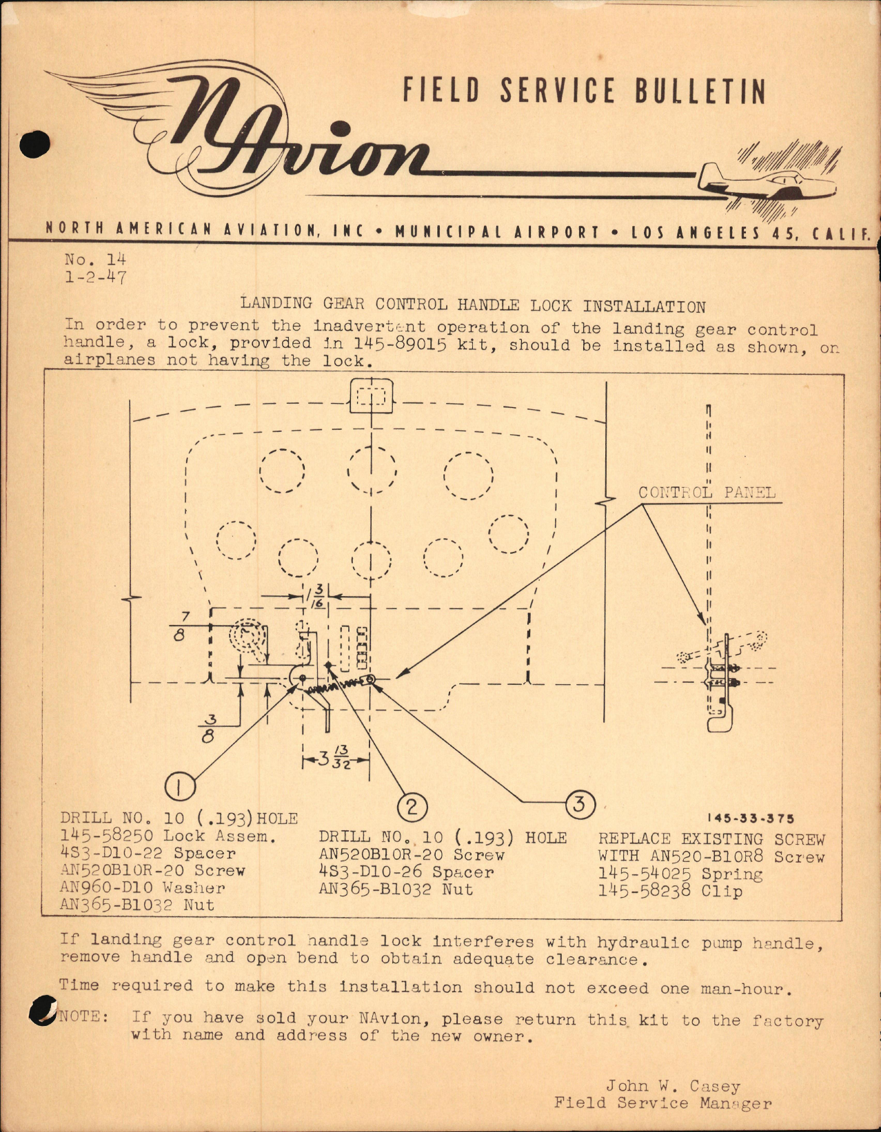 Sample page 1 from AirCorps Library document: Landing Gear Control Handle Lock Installation