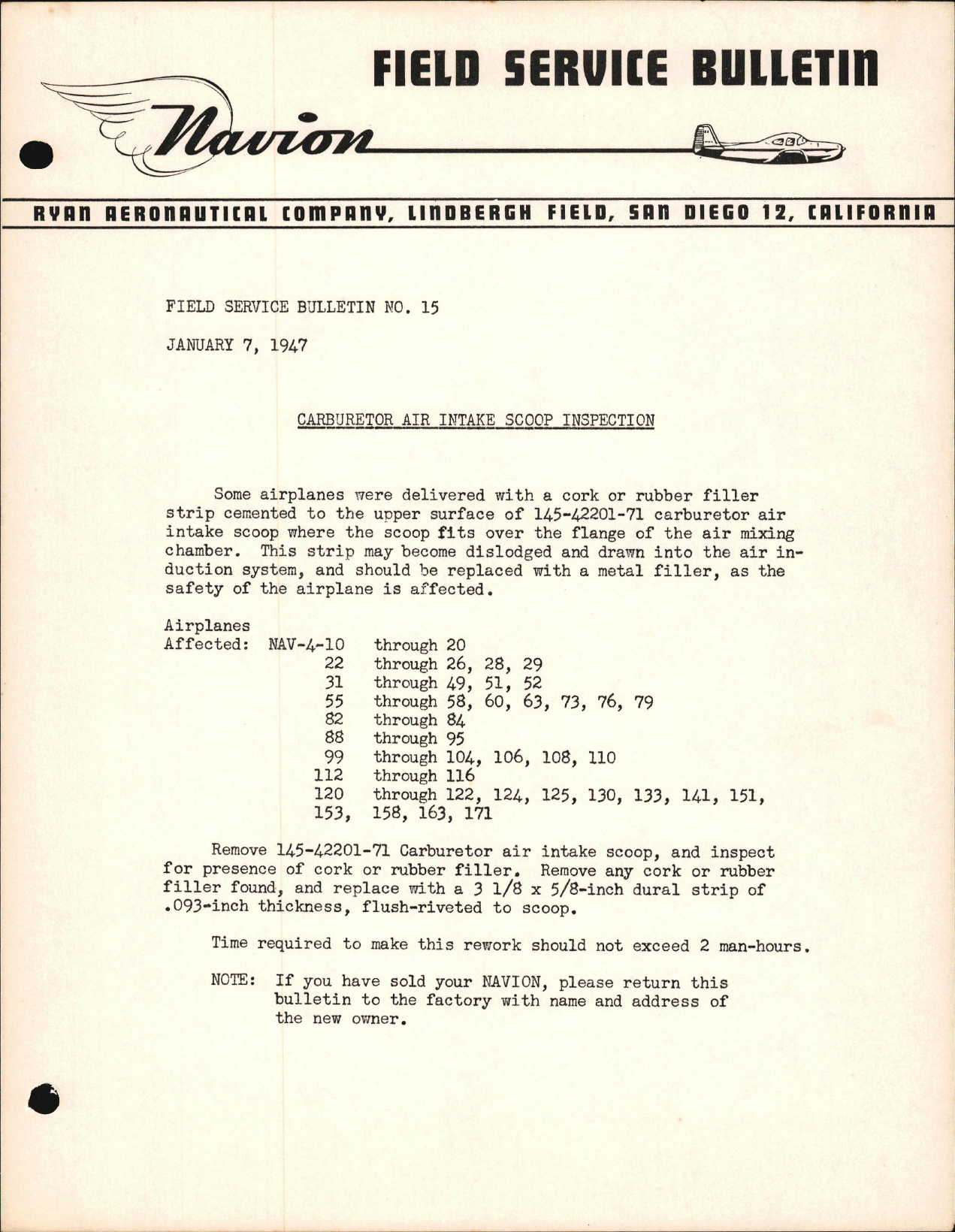 Sample page 1 from AirCorps Library document: Carburetor Air Intake Scoop Inspection