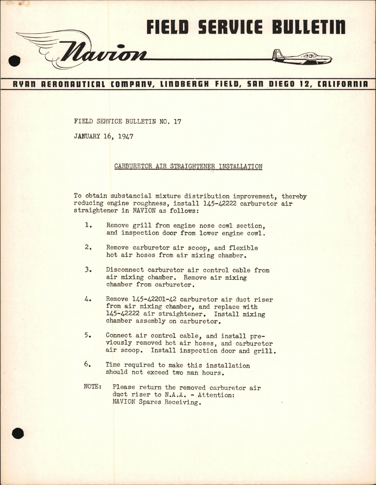 Sample page 1 from AirCorps Library document: Carburetor Air Straightener Installation