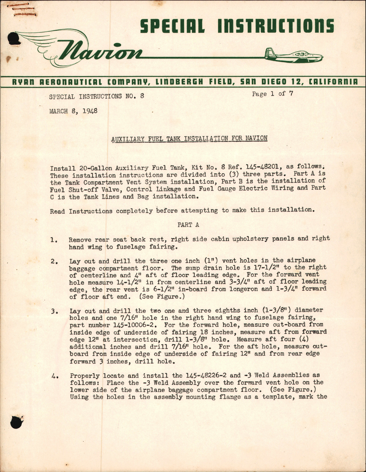 Sample page 1 from AirCorps Library document: Auxiliary Fuel Tank Installation for Navion