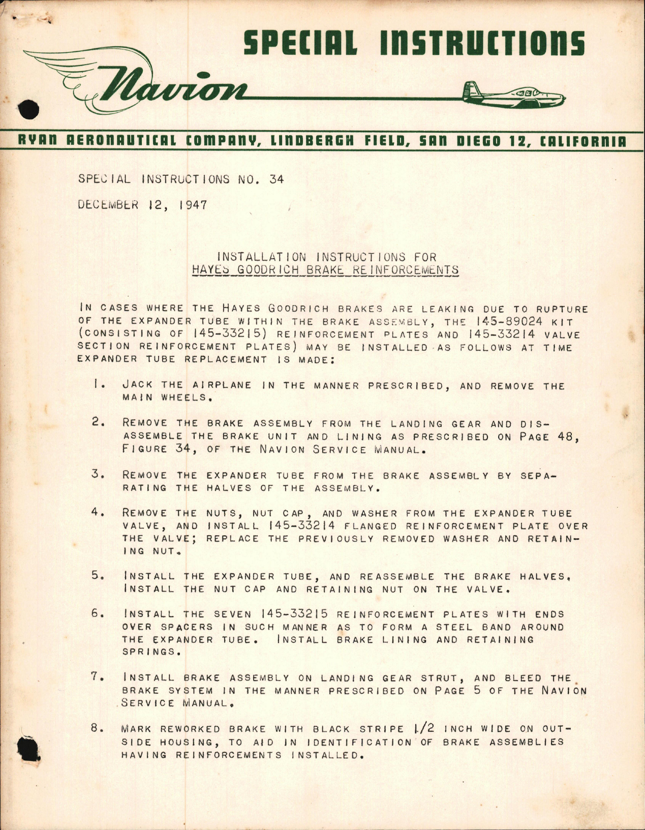 Sample page 1 from AirCorps Library document: Installation Instructions for Hayes Goodrich Brake Reinforcements