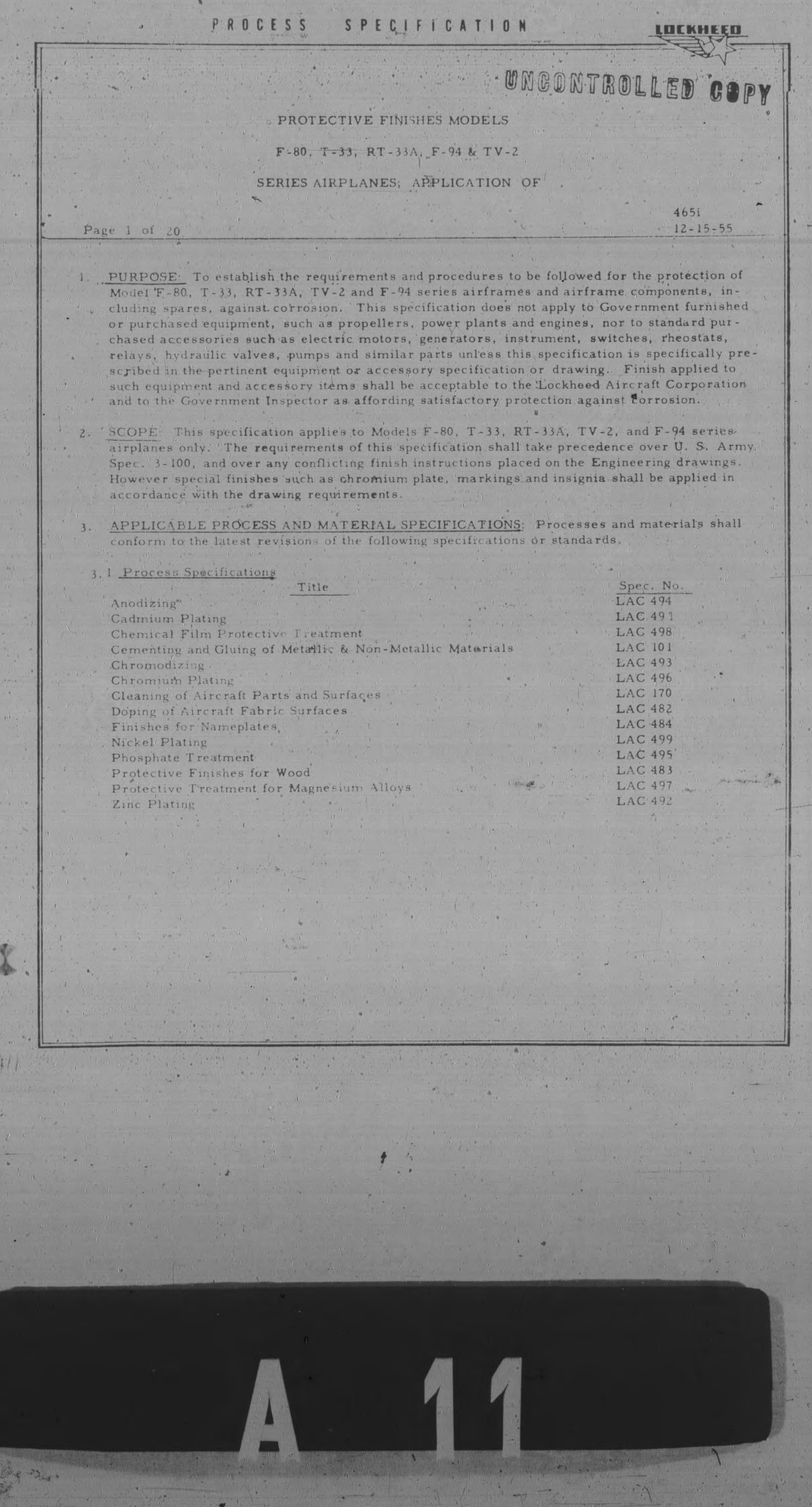 Sample page 1 from AirCorps Library document: Application of Protective Finishes for Models F-80, T-33, RT-33A, F-94, & TV-2