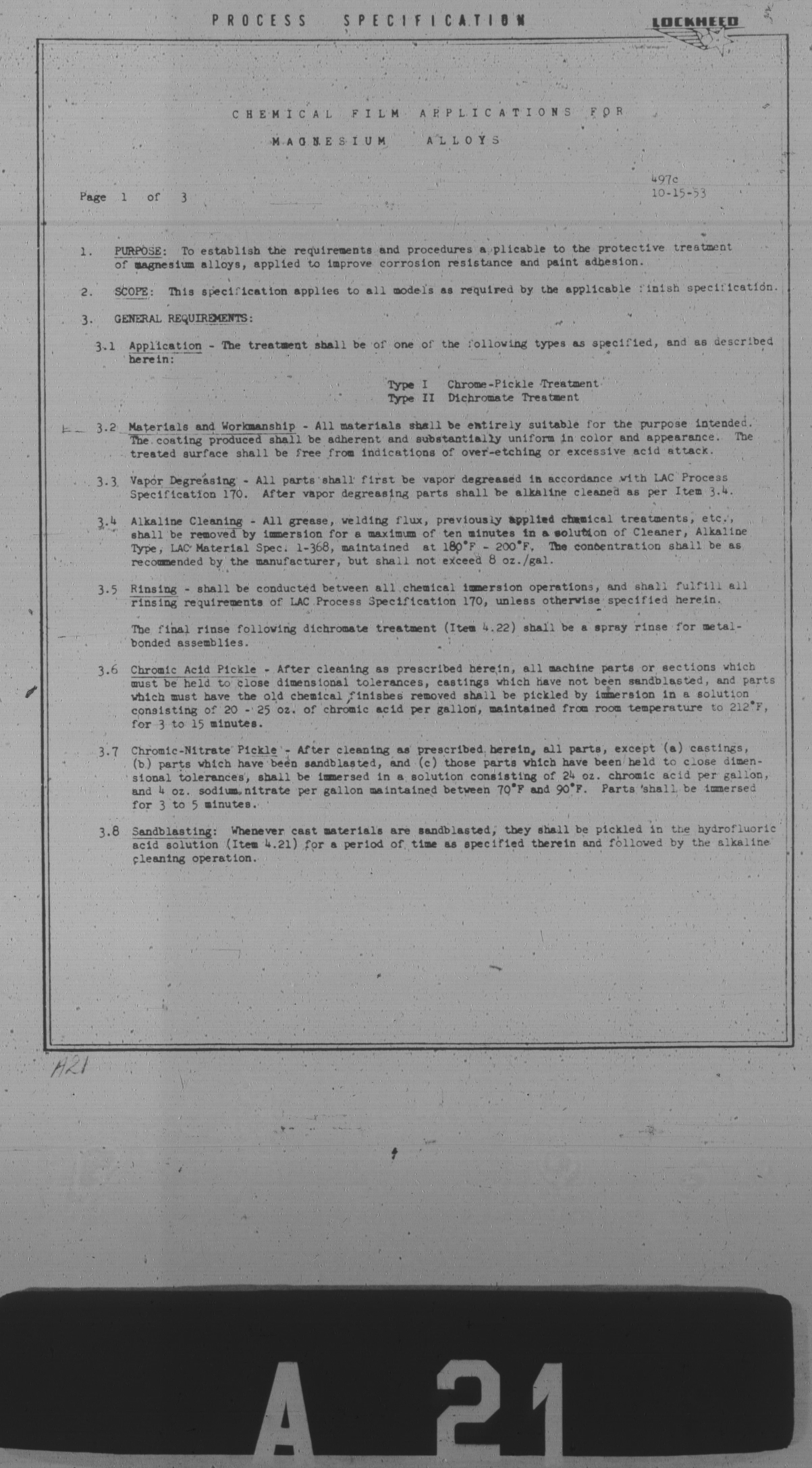Sample page 1 from AirCorps Library document: Chemical Film Applications for Magnesium Alloys 
