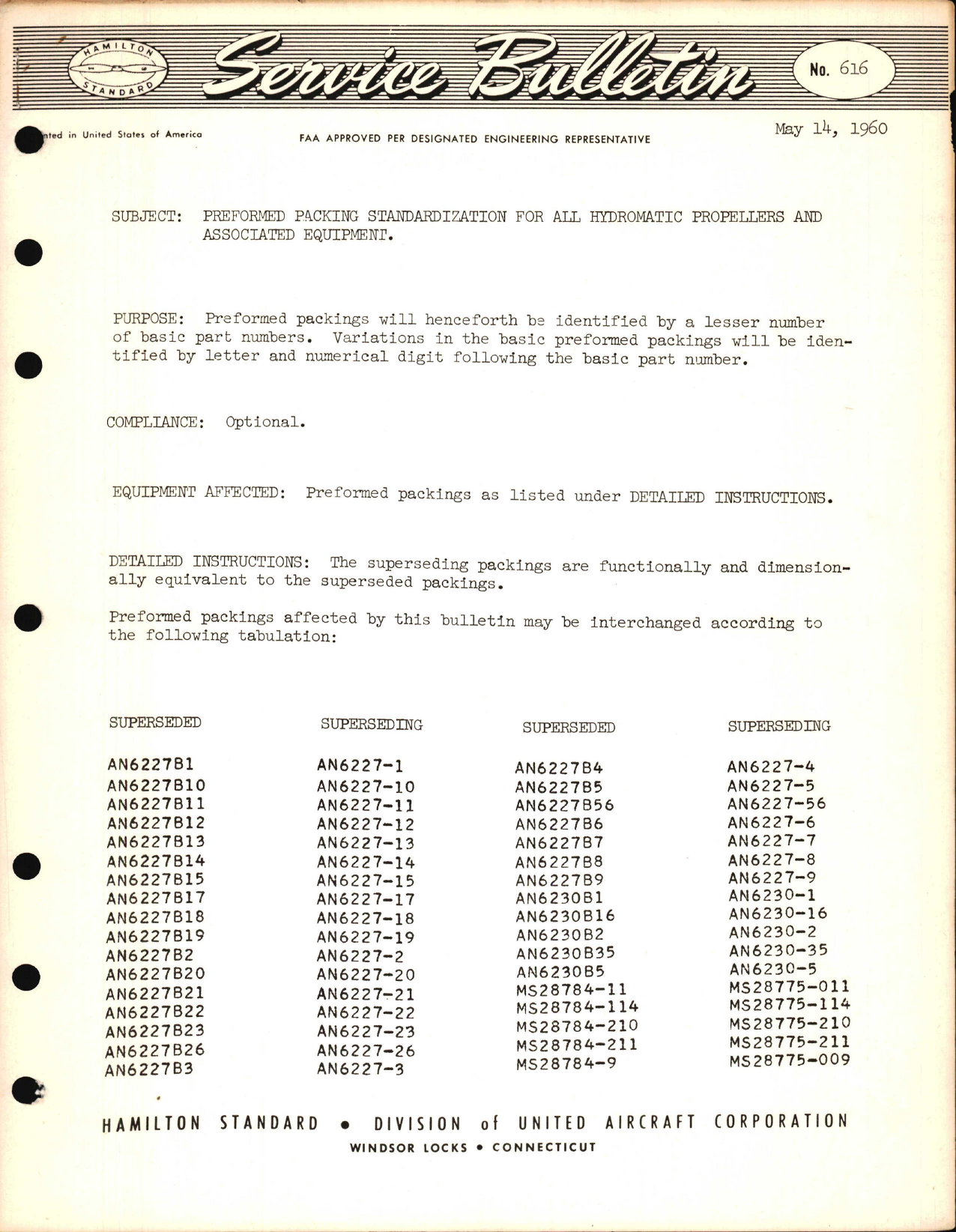 Sample page 1 from AirCorps Library document: Preformed Packing Standardization for all Hydromatic Propellers and Associated Equipment