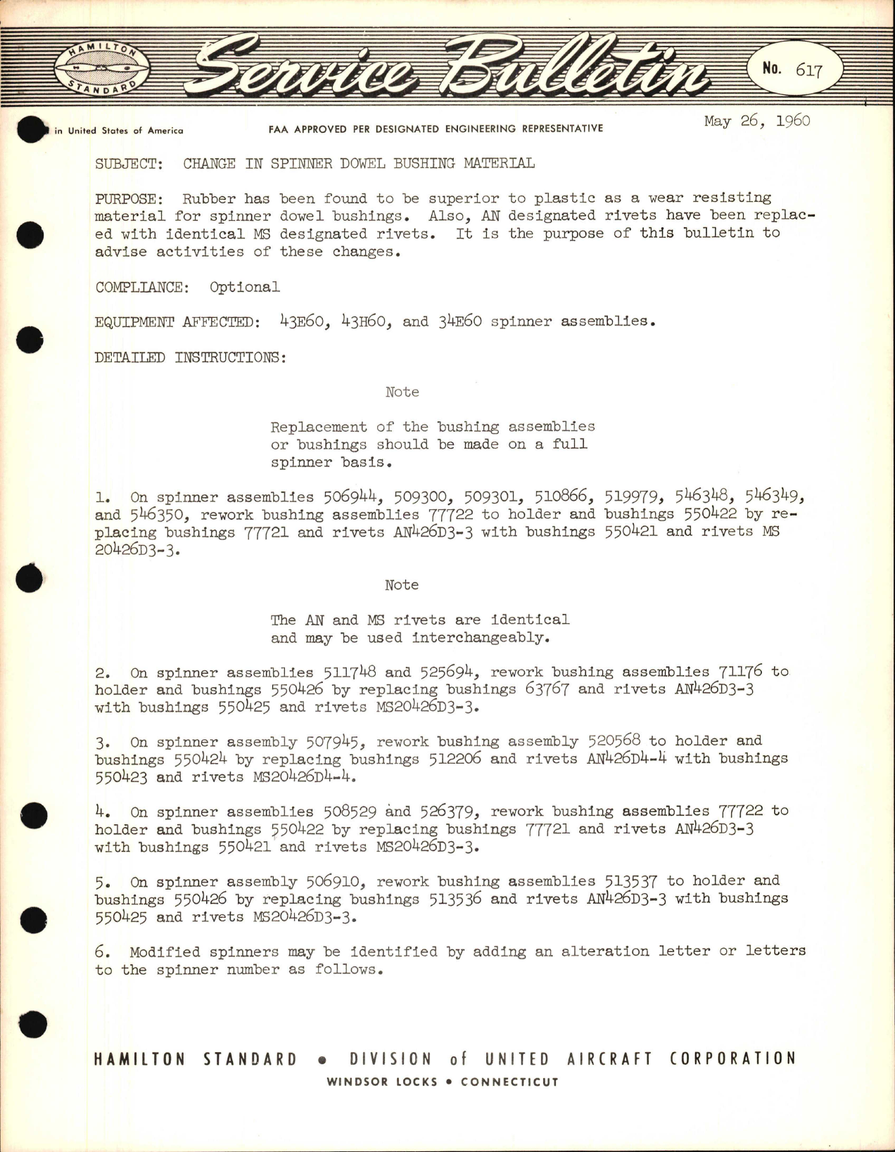 Sample page 1 from AirCorps Library document: Change in Spinner Dowel Bushing Material