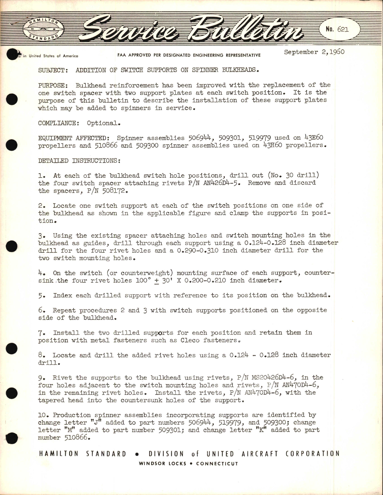 Sample page 1 from AirCorps Library document: Addition of Switch Supports on Spinner Bulkheads