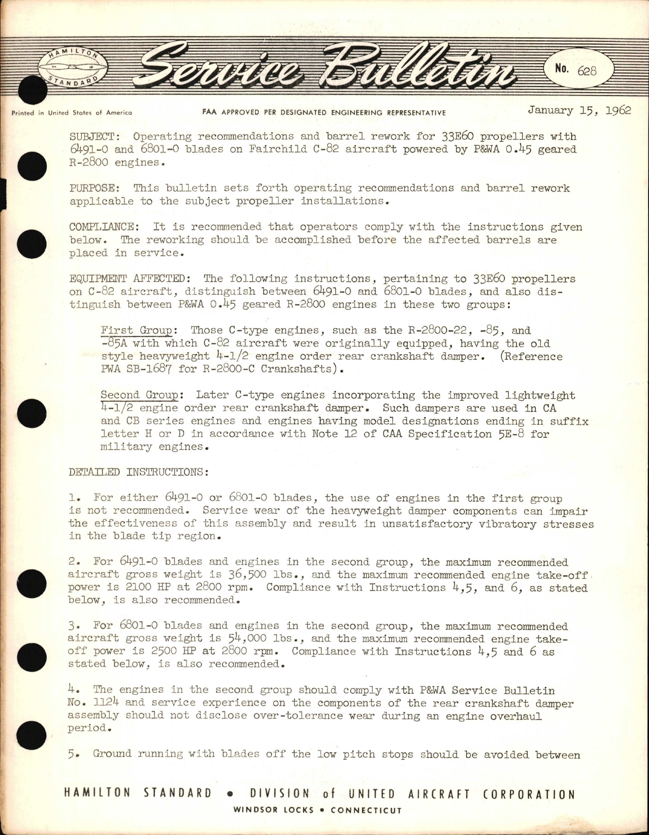 Sample page 1 from AirCorps Library document: Operating Recommendations & Barrel Rework for 33E60 Propellers with 6491-0 & 6801-0 Blades on C-82 Aircraft with R-2800 Engines