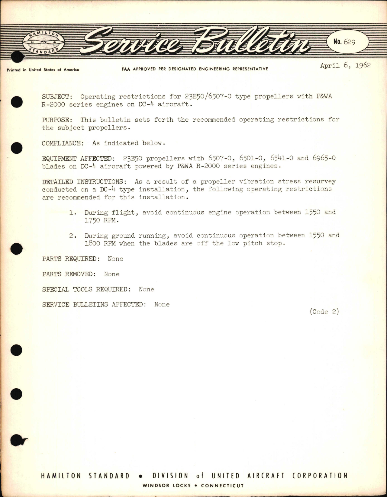 Sample page 1 from AirCorps Library document: Operating Restrictions for 23E60/6507-0 Type Propellers with P&WA R-2000 Series Engines on DC-4