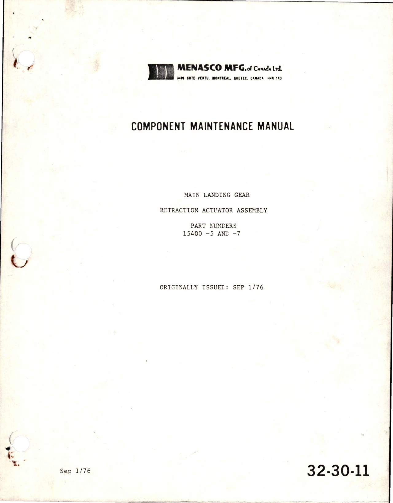 Sample page 1 from AirCorps Library document: Component Maintenance Manual for Main Landing Gear Retraction Actuator Assembly - Parts 15400, 15400-5, and 15400-7