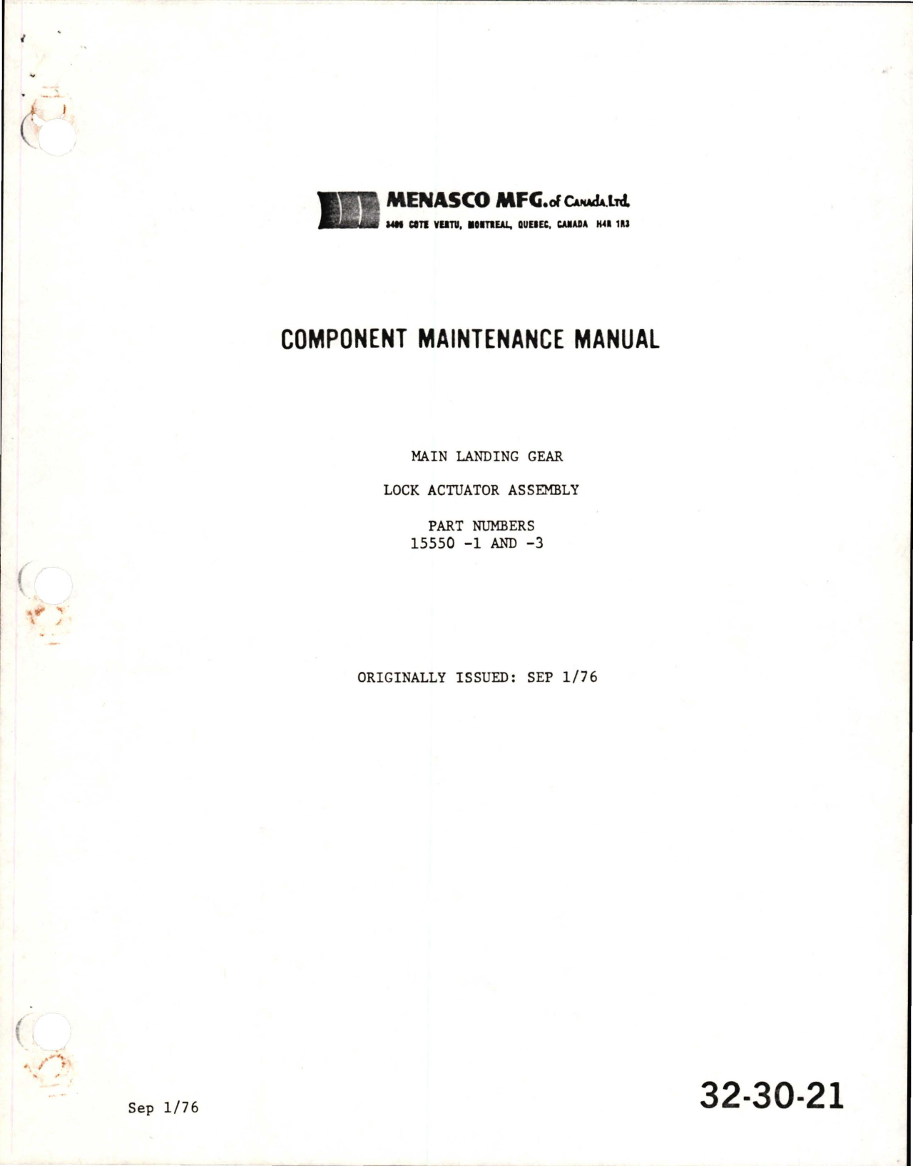 Sample page 1 from AirCorps Library document: Component Maintenance Manual for Main Landing Gear Lock Actuator Assembly - Parts 15550, 15550-1, and 15550-3