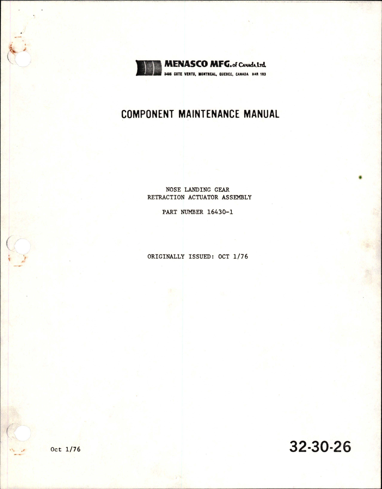 Sample page 1 from AirCorps Library document: Component Maintenance Manual for Nose Landing Gear Retraction Actuator Assembly - Part 16430-1