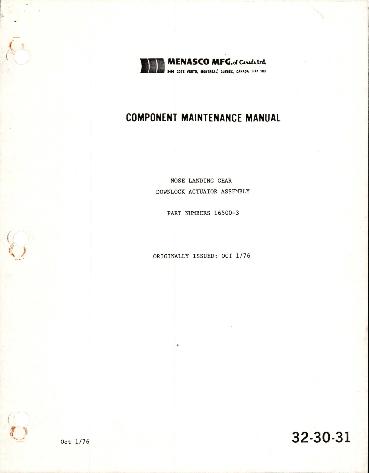 Sample page 1 from AirCorps Library document: Component Maintenance Manual for Nose Landing Gear Downlock Actuator Assembly - Part 16500-3